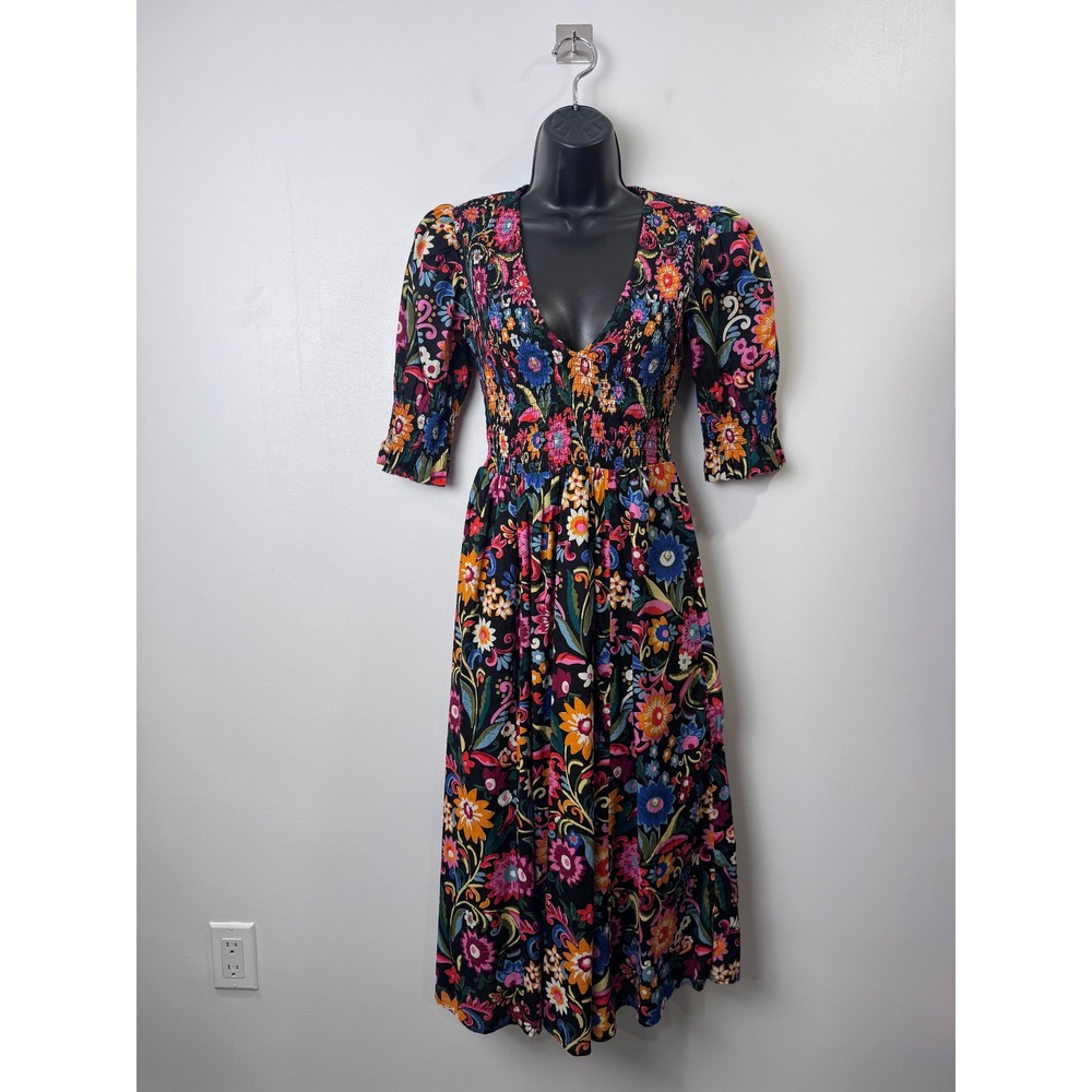 Boden Multi Cotton Smocked Bodice Midi Dress Women Size 2P